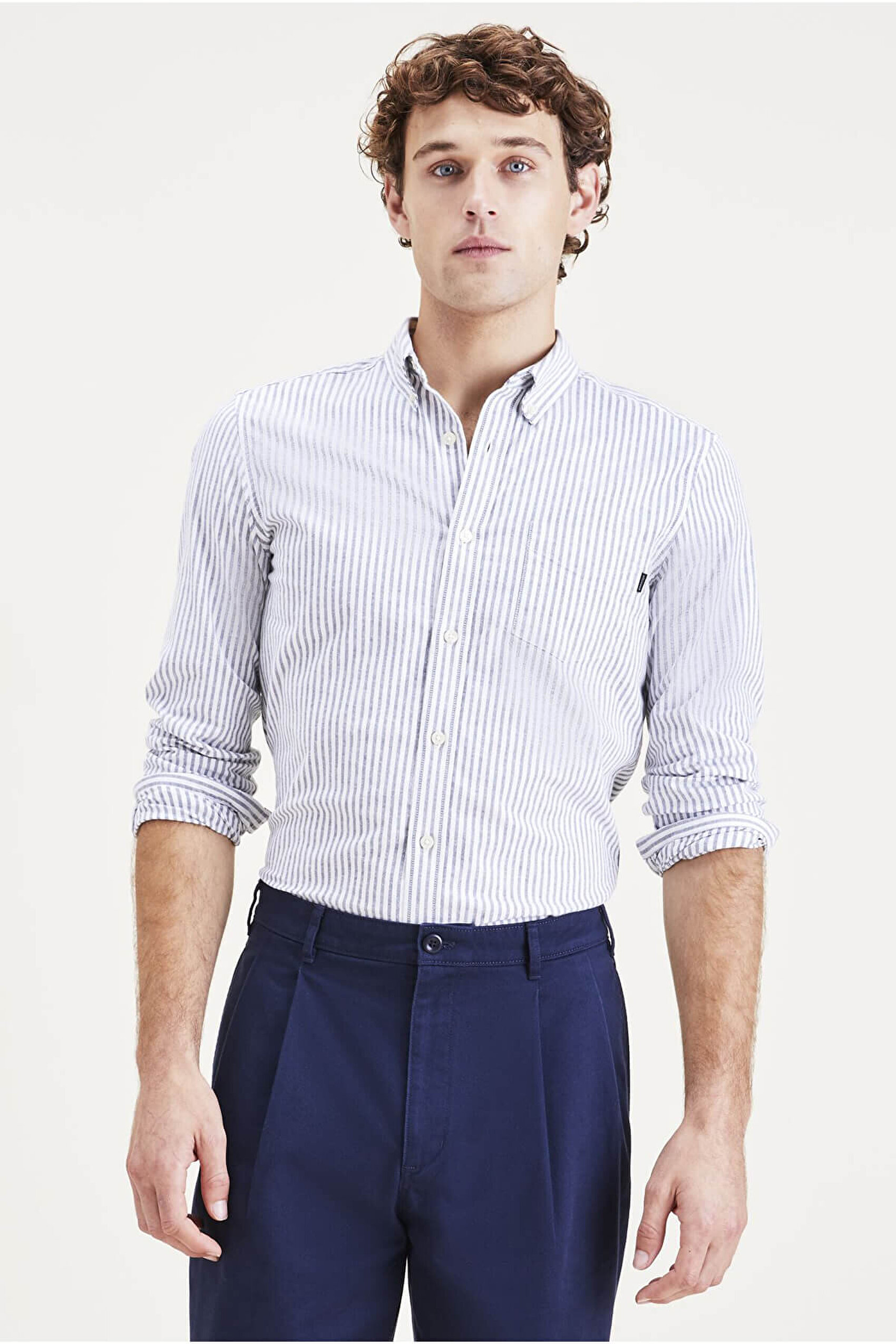 Slim Fit 2 Button Collar Mavi Gömlek